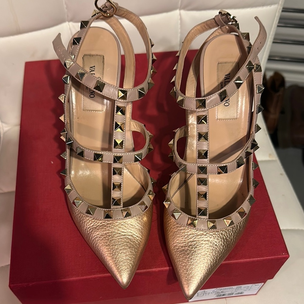 Valentino Gold Heels with Strappy Design and Studded Accents